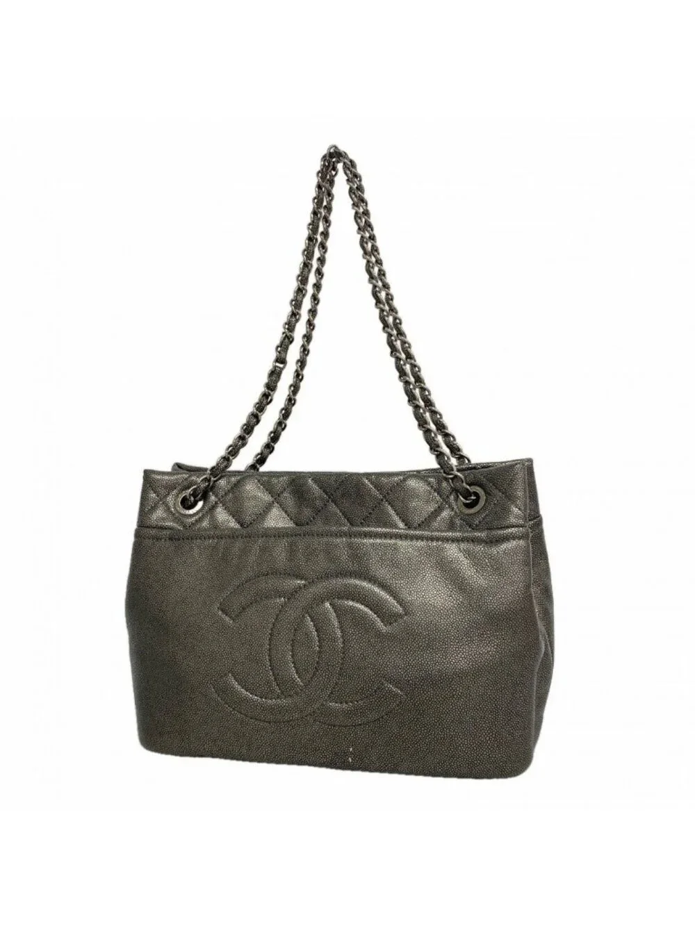 Chanel Chain Tote Quilted Caviar Leather Gray Silver
